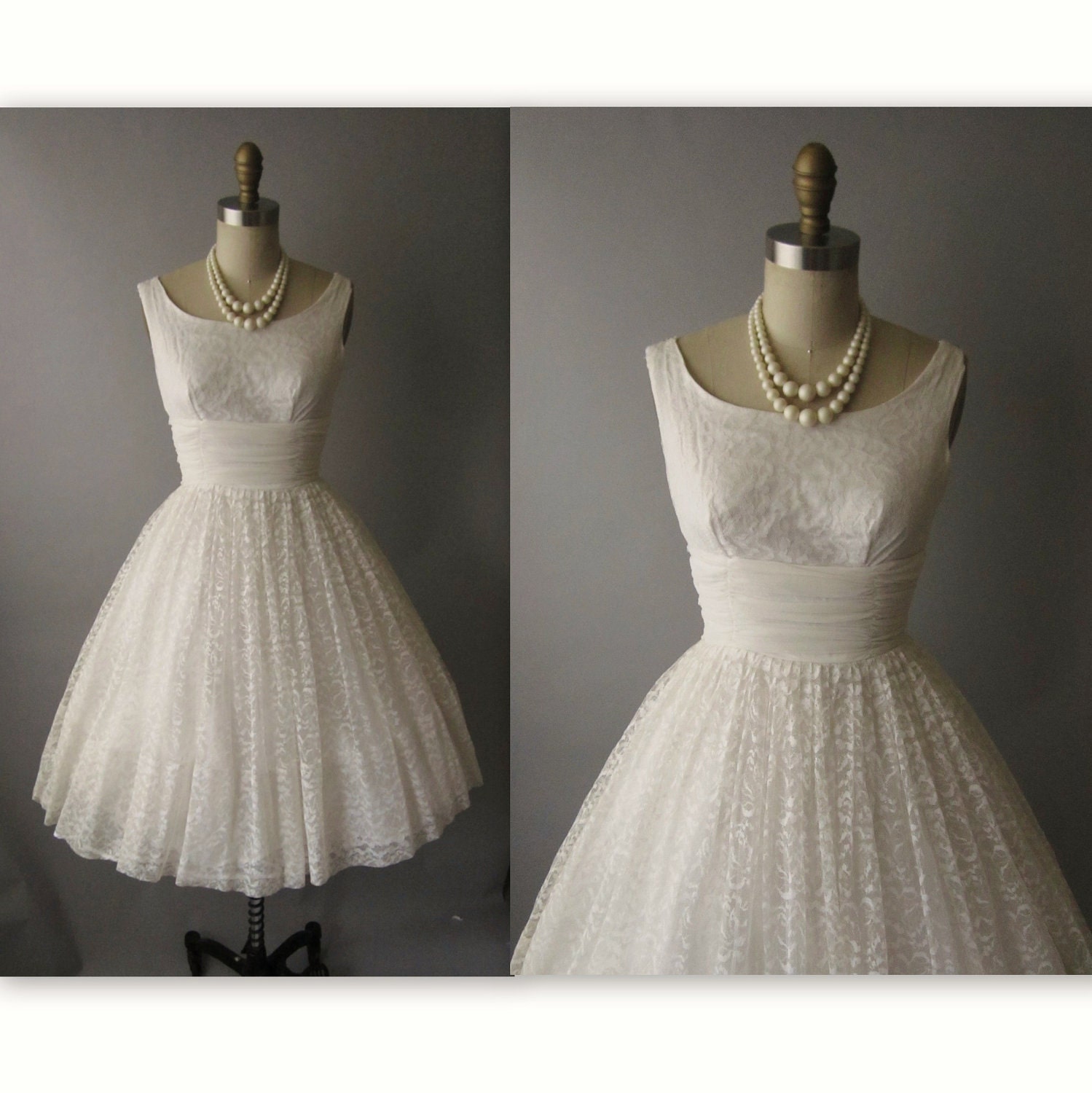 50's Prom Dress // Vintage 1950's White Lace Chiffon Full Wedding Party Prom Dress XS