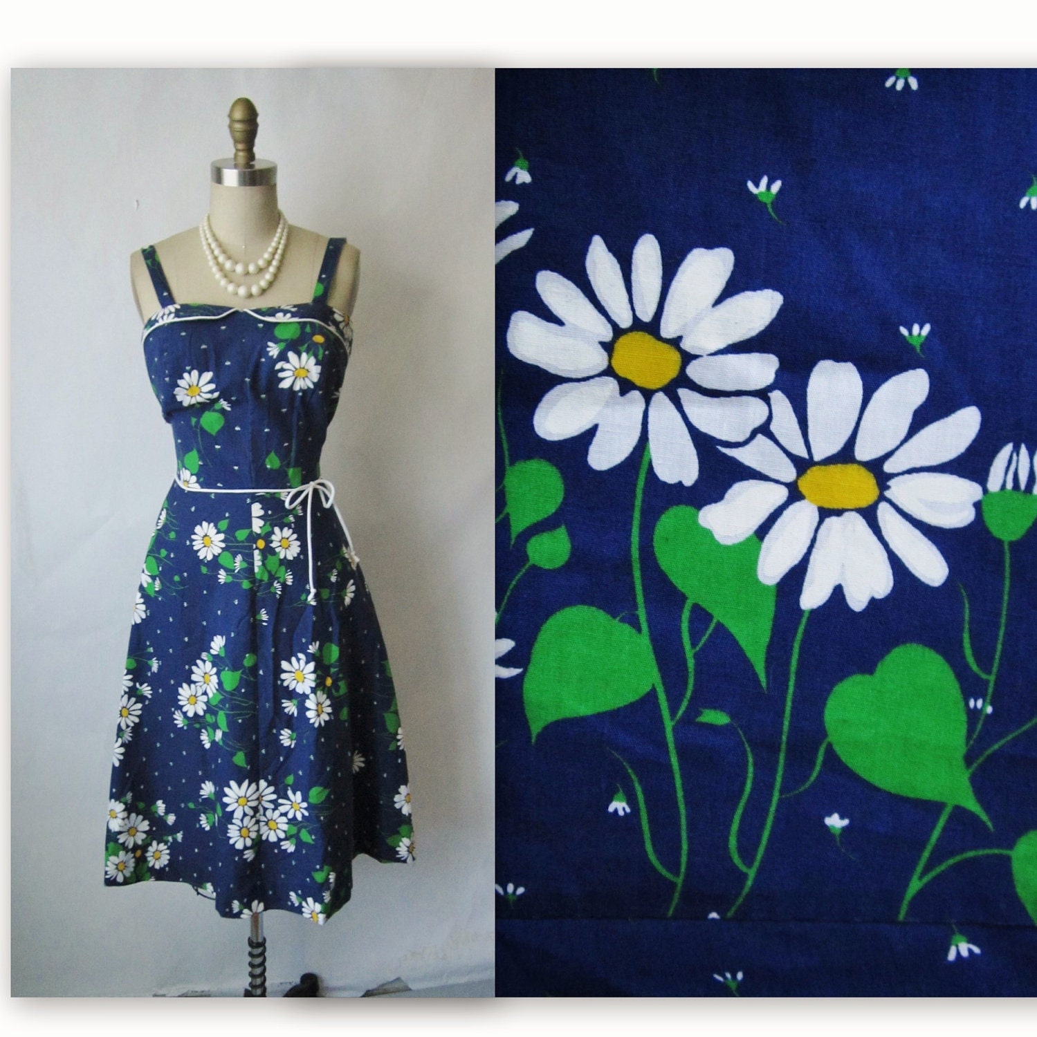 Vintage Floral Dress // 70's Daisy Print Novelty Cotton Garden Party Summer Sun Dress S M