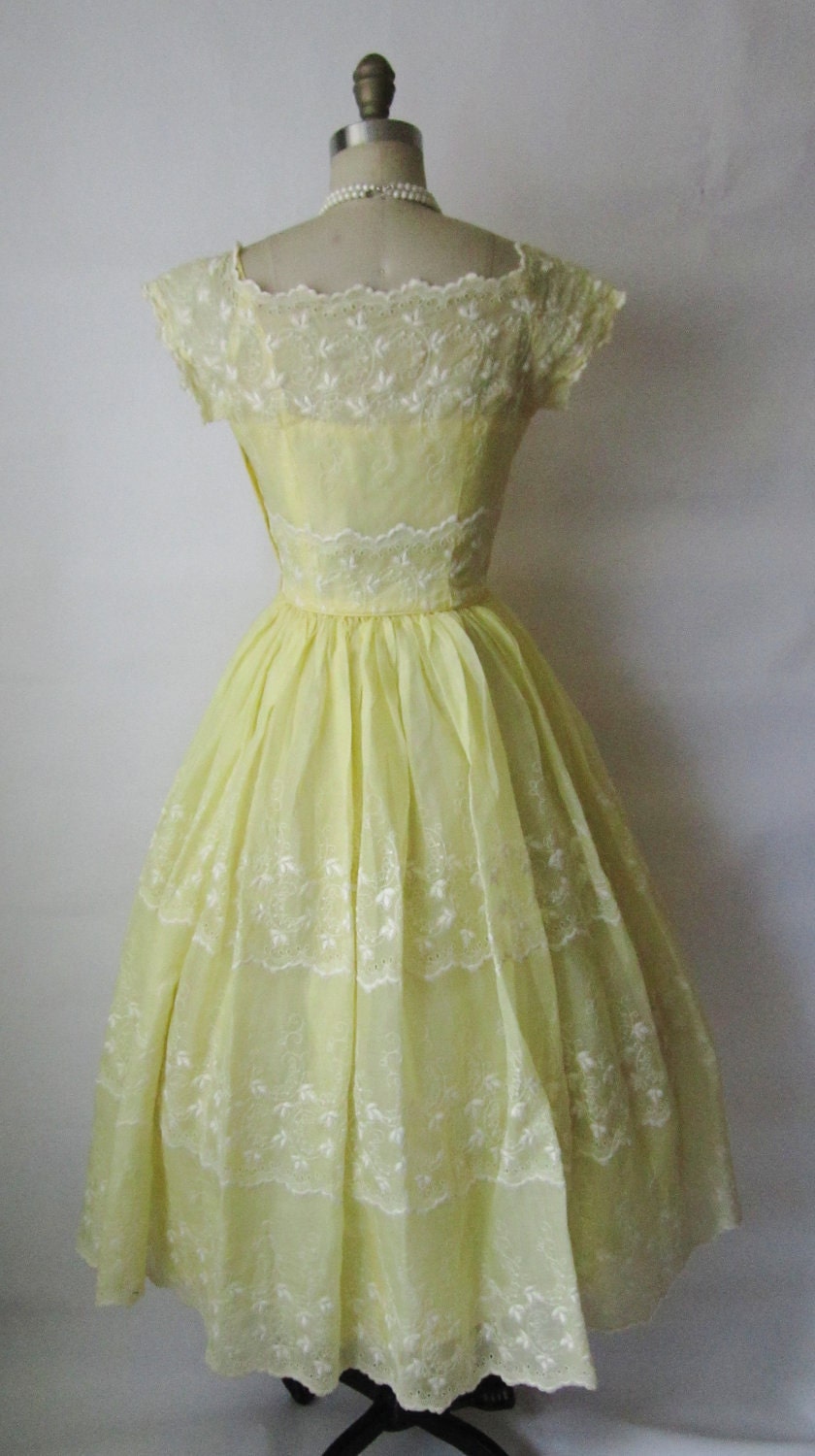50's Eyelet Dress // Vintage 1950's Emma Domb Embroidered Organdy Canary Yellow Prom Wedding Dress XS