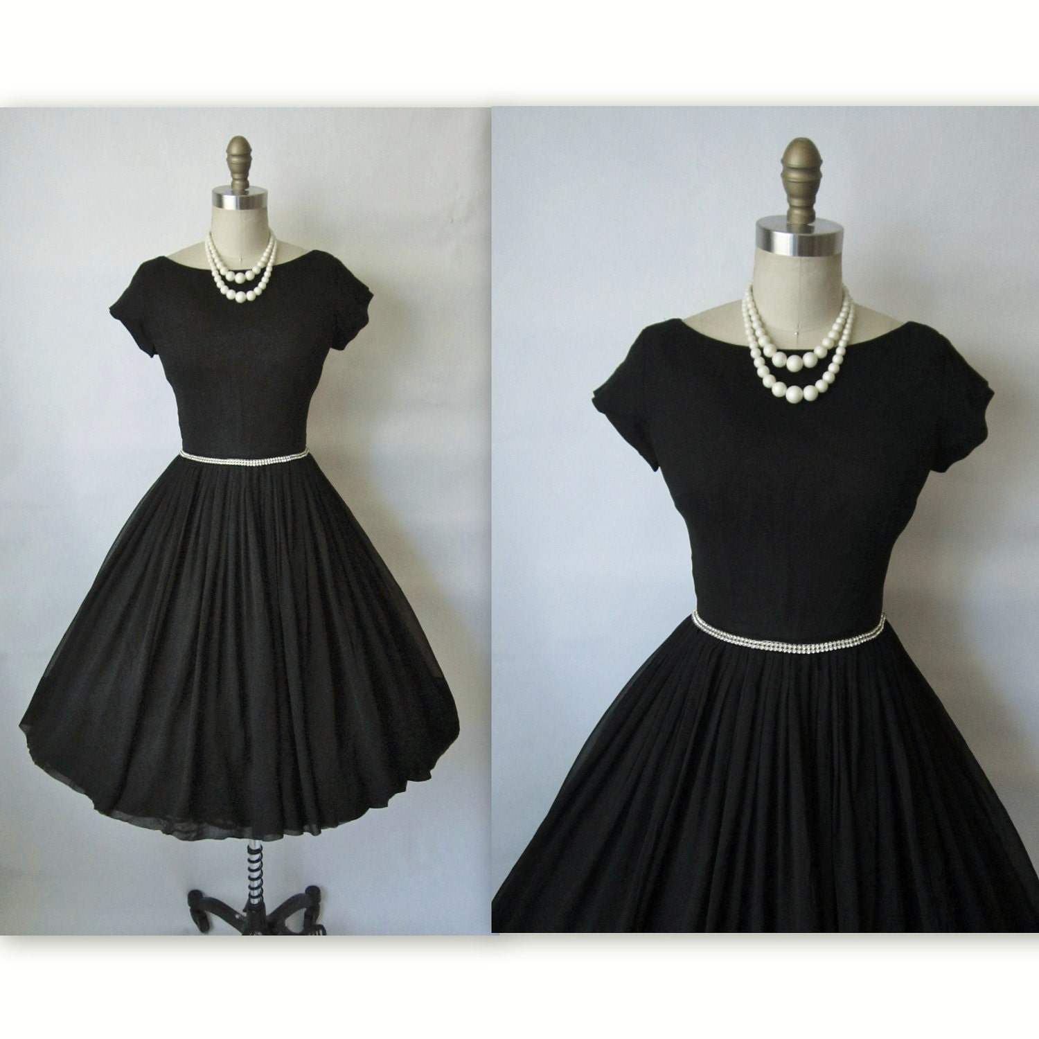 50's Cocktail Dress // Vintage 1950's Black Chiffon Rhinestone Full Cocktail Party Dress S