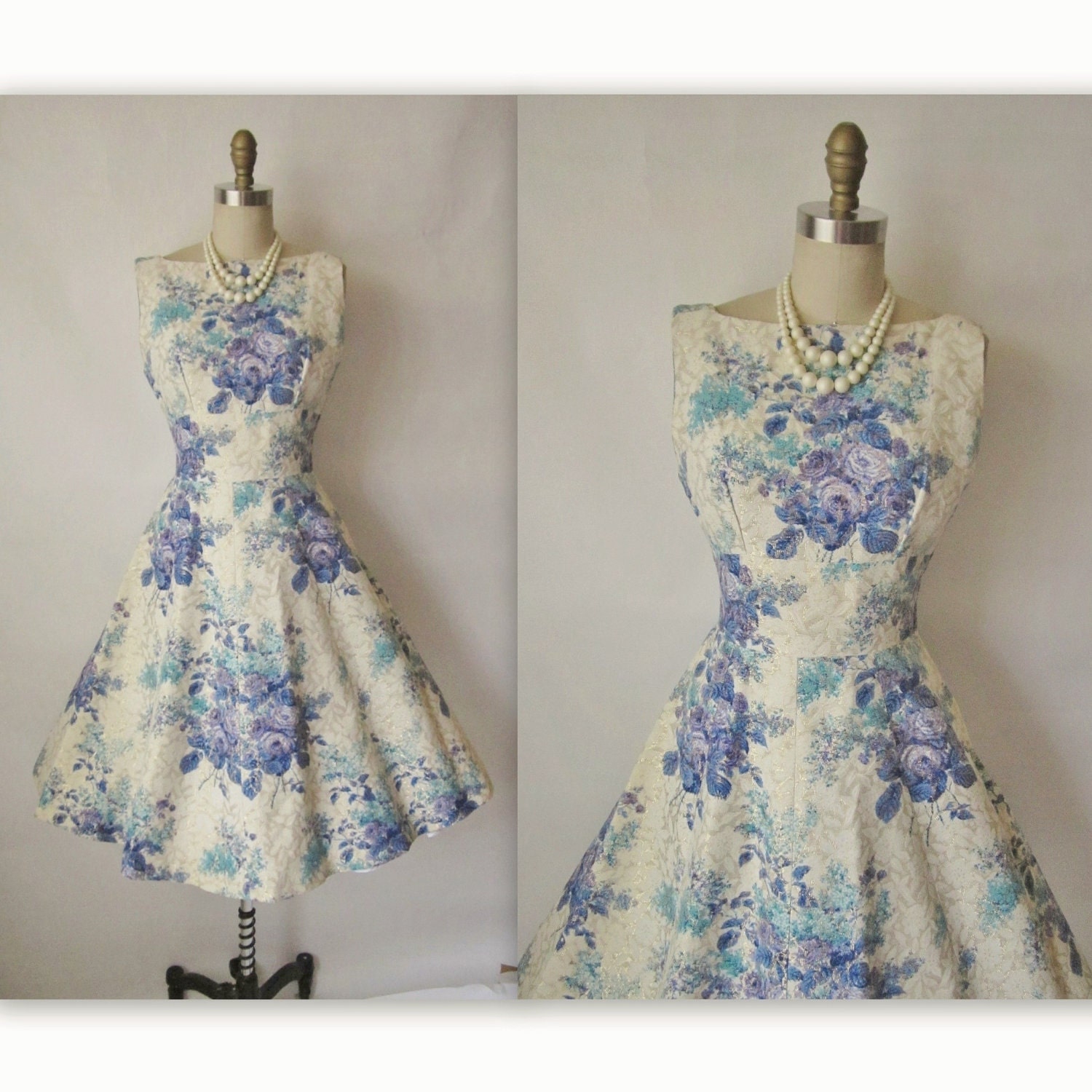 50's Floral Dress // Vintage 1950's Floral Print Brocade Metallic Mad Men Cocktail Party Dress S