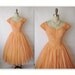 50's Chiffon Dress // Vintage 1950's Ruched Melon Chiffon Full Prom Party Wedding Dress S