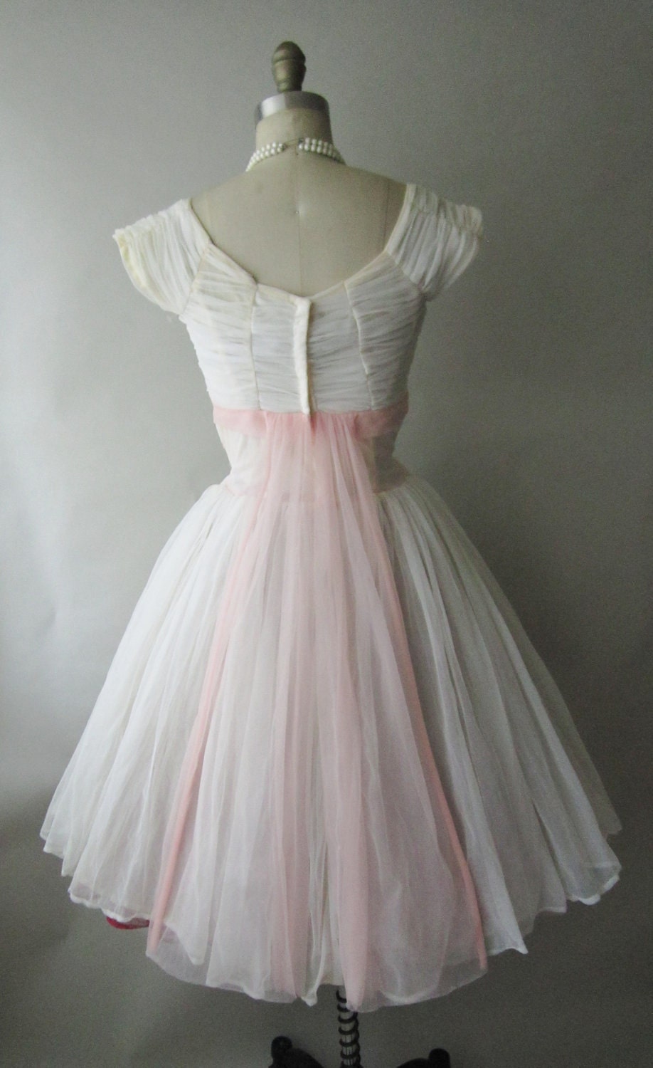 50's Chiffon Dress // Vintage 1950's Ruched White Chiffon Floral Applique Wedding Party Prom Dress Tea Gown XS S