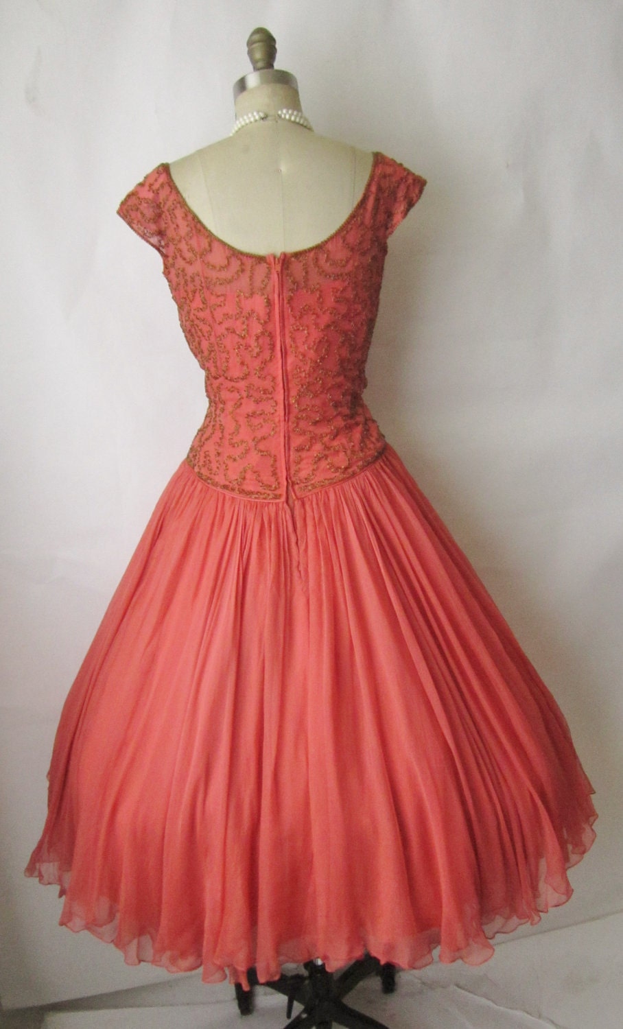 50's Beaded Chiffon Dress // Vintage 1950's Couture Beaded Salmon Chiffon Full Cocktail Party Dress S M
