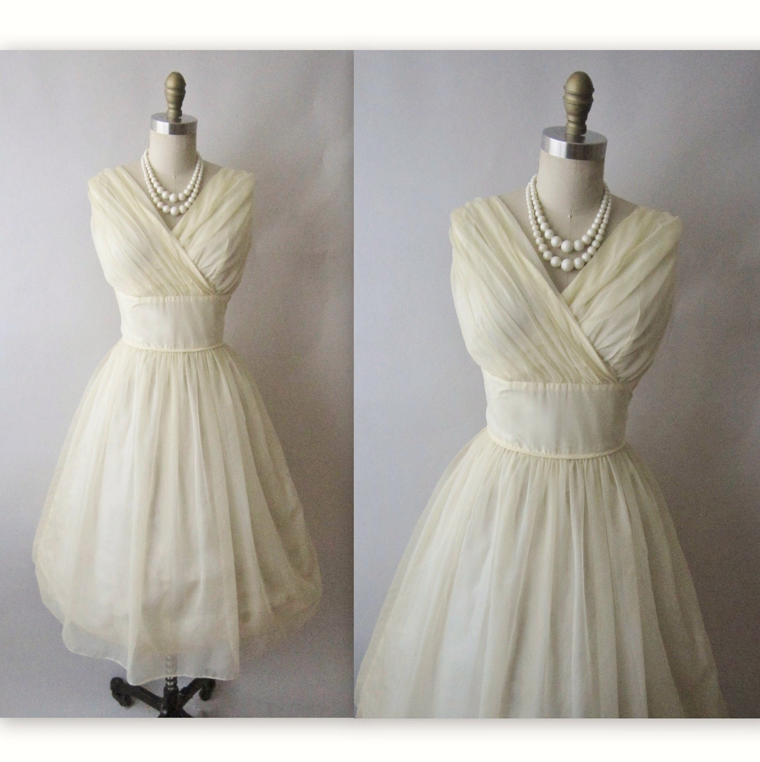 50's Chiffon Dress // Vintage 1950's Ruched Chiffon Garden Party Wedding Prom Dress M