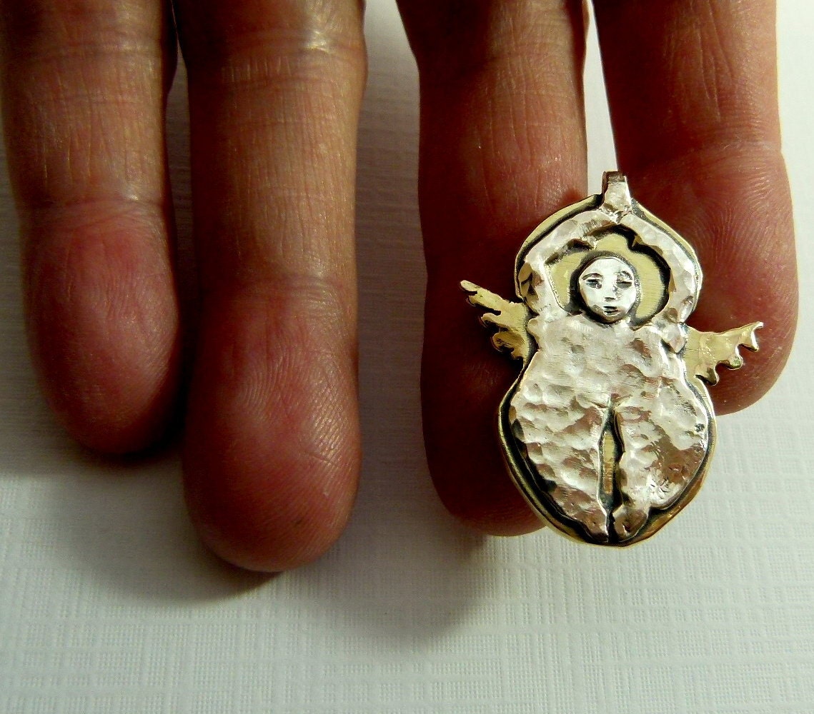 Angel Willow Finds Balance And Calm - Art Jewelry Pendant - Repurposed Sterling Silverware, Brass, And PMC - 753