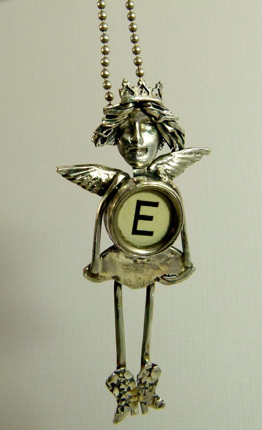 Angel Emma Feels Energized - Art Jewelry Pendant - Repurposed Sterling, A Typewriter Key, And PMC - 758