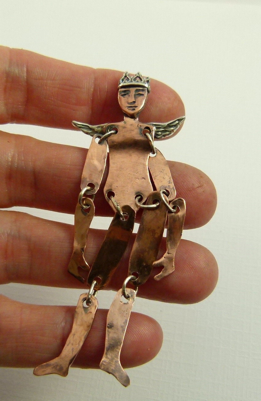 Angel Cindy Is Connected - Art Jewelry Pendant - Up Cycled Sterling, Copper, And PMC - 771
