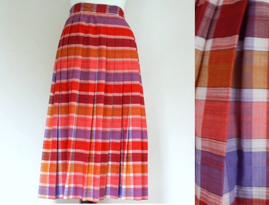 plaid skirt / pleated skirt / cotton skirt / pink skirt small  xs