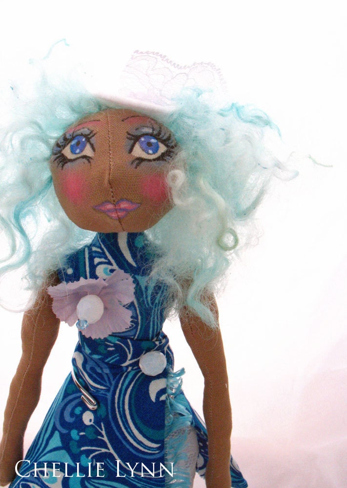 Ethnic OOAK Cloth Art Doll with Blue Wrap Dress - Marlo