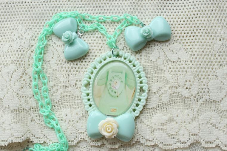 SALE - Kitchy Pastel Mint Vintage Telephone Necklace
