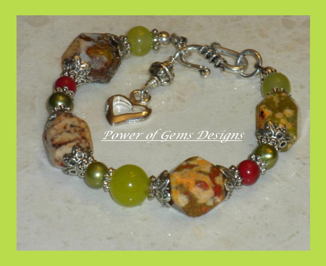 Chunky earthtone exotic bracelet. Organic, jasper, red coral, olive jade, multi gemstone, multi color, silver, handmade beaded BRACELET