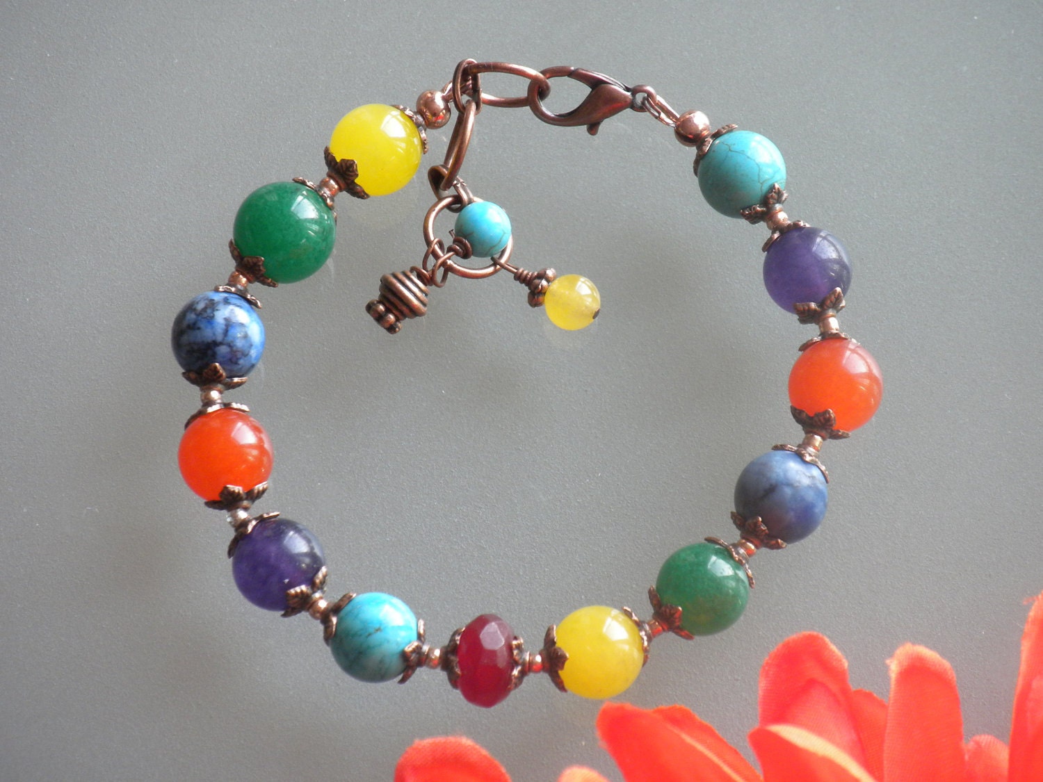 Rainbow chakra bracelet. Multi stone, multi color, genuine copper, vintage antique style, beaded, handmade, natural gemstones