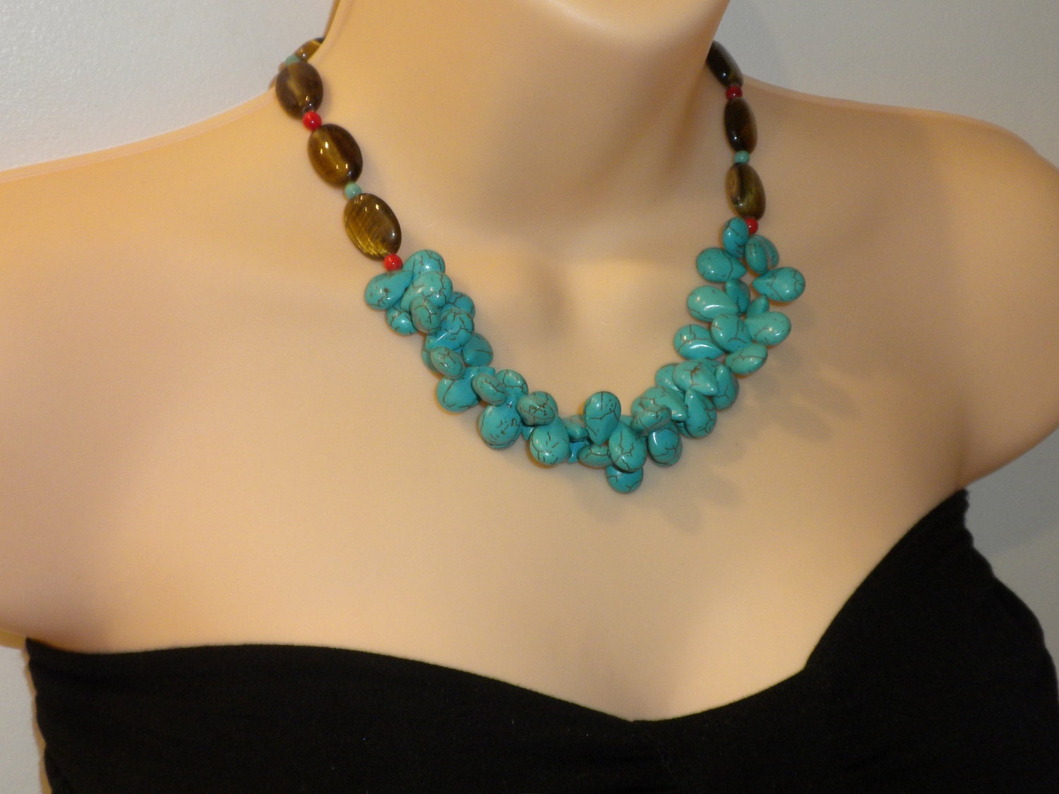 SALE---Chunky, blue, turquoise, briolette, multi strand, red coral, bold, statement, tigereye, natural gemstone, handmade NECKLACE