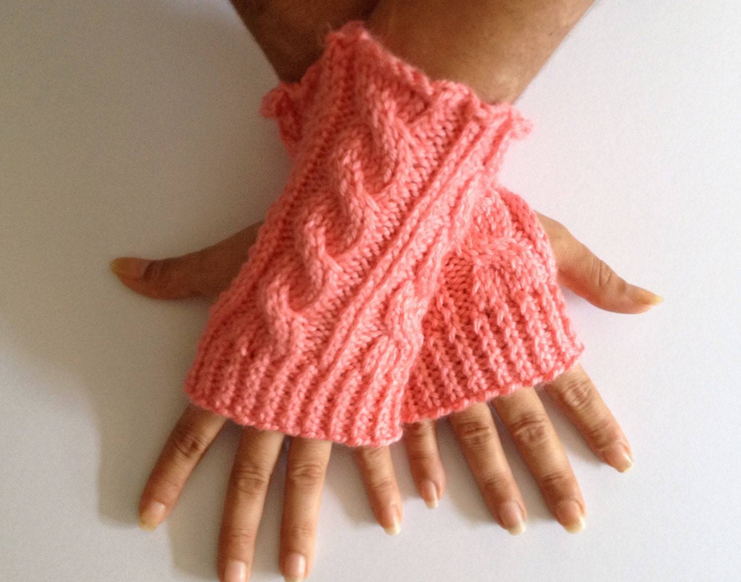 Fingerless Gloves Wrist Warmers in Strawberry Pink Cable Handknit
