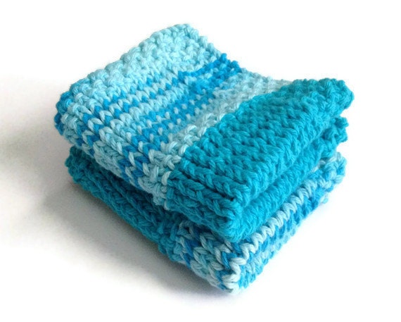 Dishcloth Vegan Washcloth Shades of Blue Handknit Set of Two