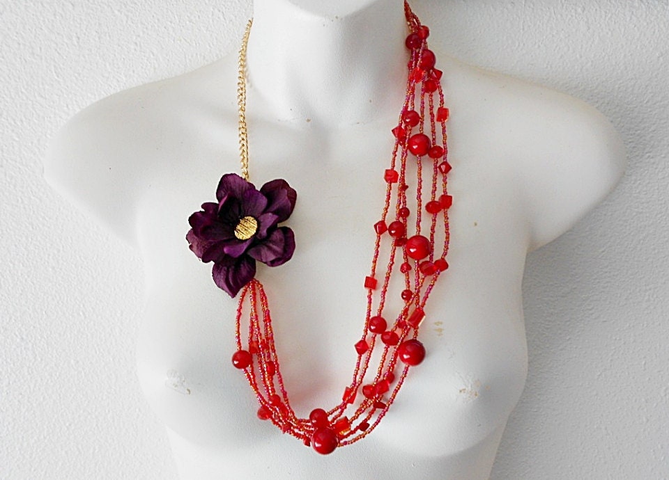 Red Violets Upcycled Long Necklace