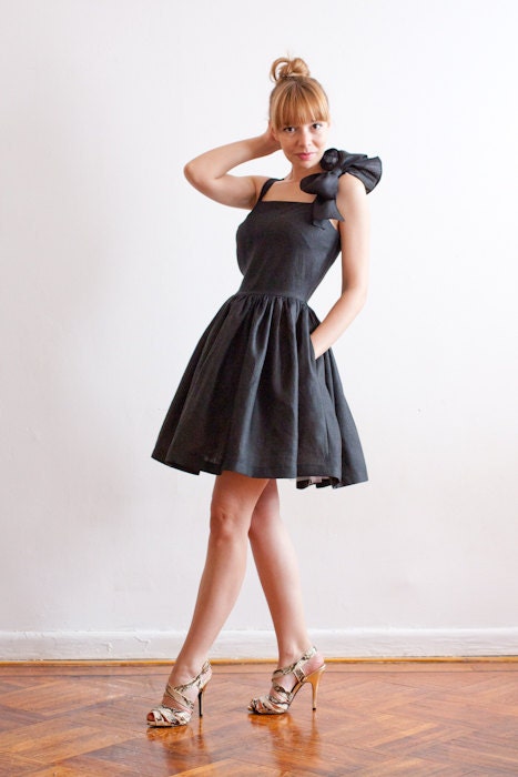 Oversize Bow Linen Dress with Pockets in Black Italian Linen- Made To Measure - More Colors Available