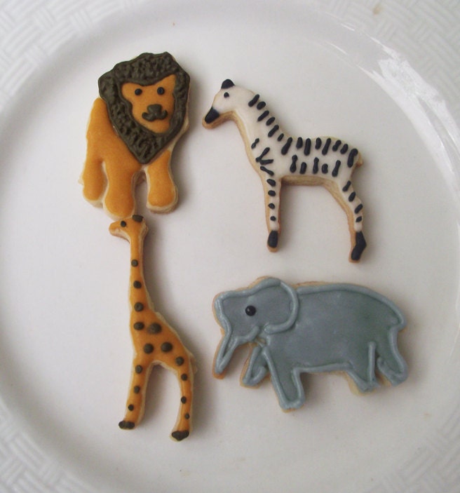 Jungle Animal Sweet Safari sugar cookies, Lion,Elephant, Zebra and Giraffe cookies, kids party favor, 1 dozen