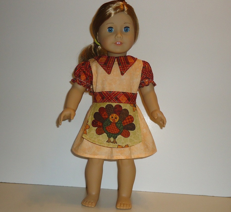 American Girl Thanksgiving Dress and Apron with Turkey fits 18 inch doll