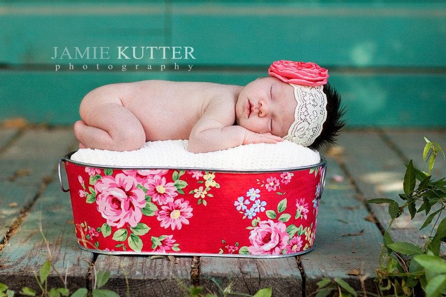 Coral Pink Flower on Wide Cream Lace Headband - All Sizes