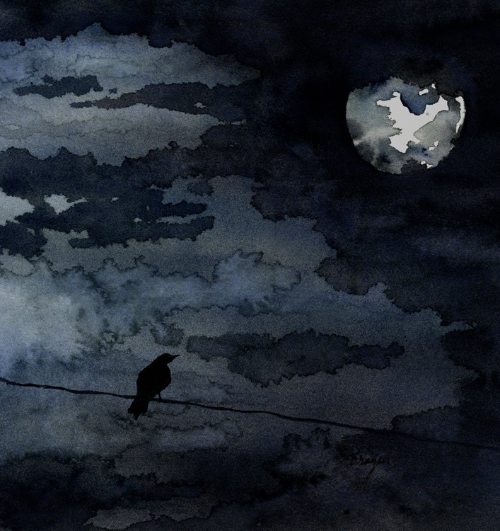 Raven Moonlight - Night Sky Art Watercolor Wildlife Painting - 8x10 Fine Art Giclee Print - BrazenDesignStudio
