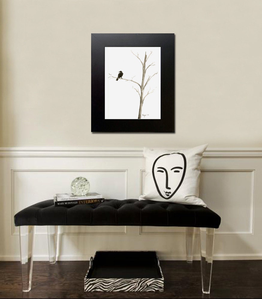 Ink Painting - Raven in a Tree - Mimimalist Art - Gothic Bird Sumi-e