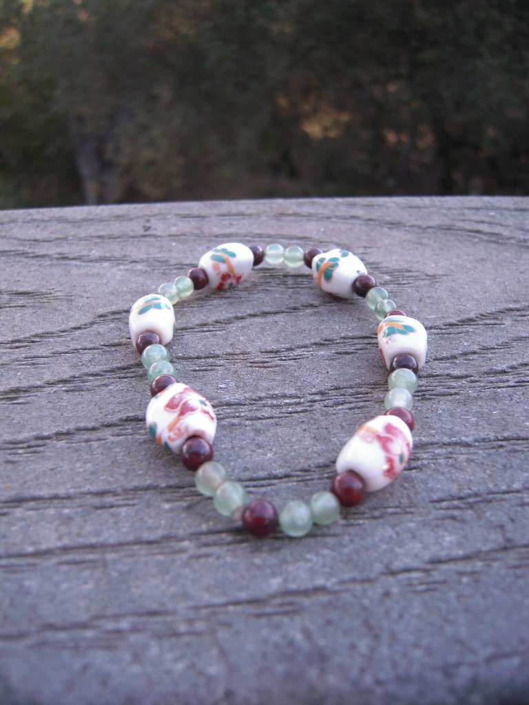 Jade, Red Jasper and Porcelain Beaded Bracelet