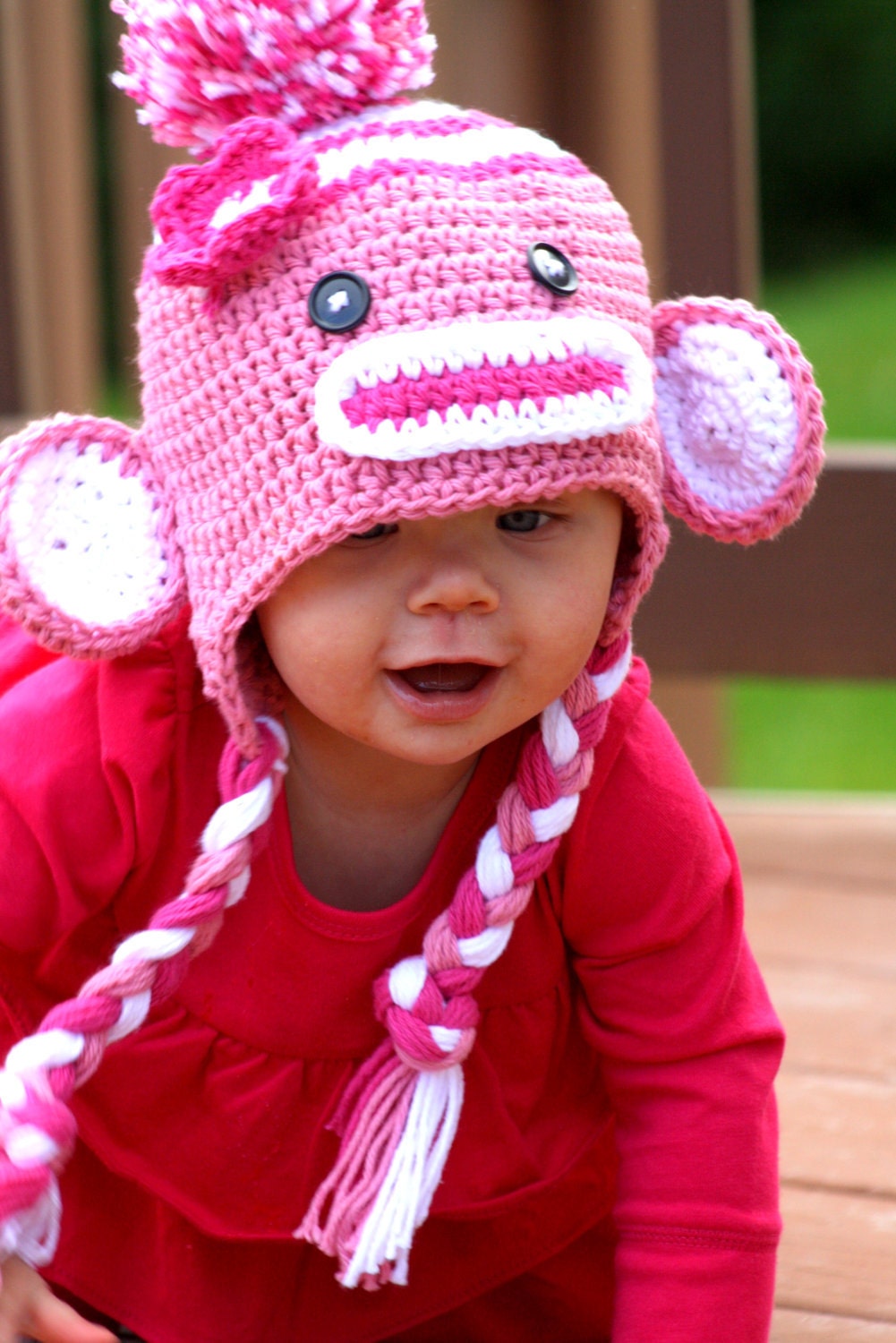 Crochet Pink Sock  Monkey Hat  Newborn to Toddler sizing  Photography prop