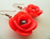 Fluorescent Red Polymer Clay Rose and Tahitian Pearl Earrings
