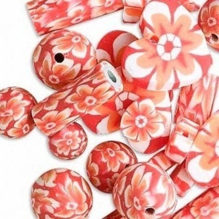 Orange polymer clay bead mix, floral, qty 24