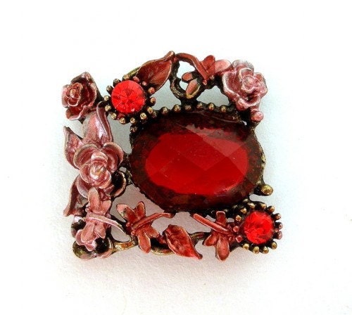 1 crimson red pink 2 hole slider bead, floral enameled