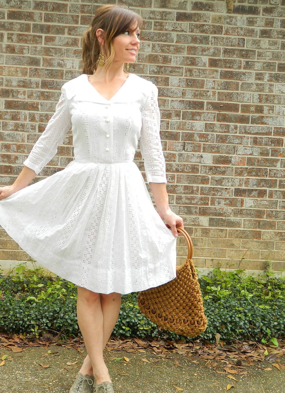 1960s vintage WHITE eyelet SUMMER COTTON highwaist full skirt dress