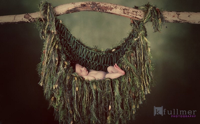 Hanging Moss Forest Green Props HAMMOCK. Baby Newborn Sling Baby Fringe Blanket Infant Photo Prop Newborn Sling 'Verdant'