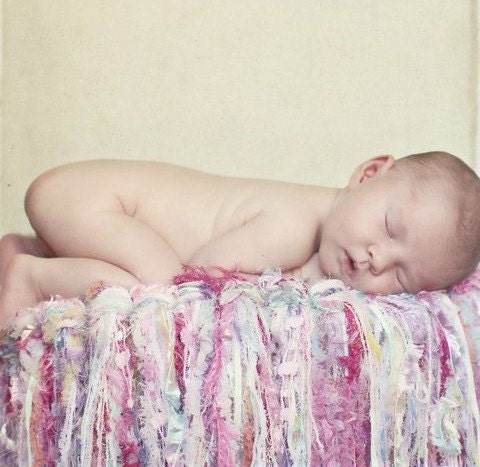 Newborn Photography Prop Girl Hand Knit Blanket Fringe Light Pinks