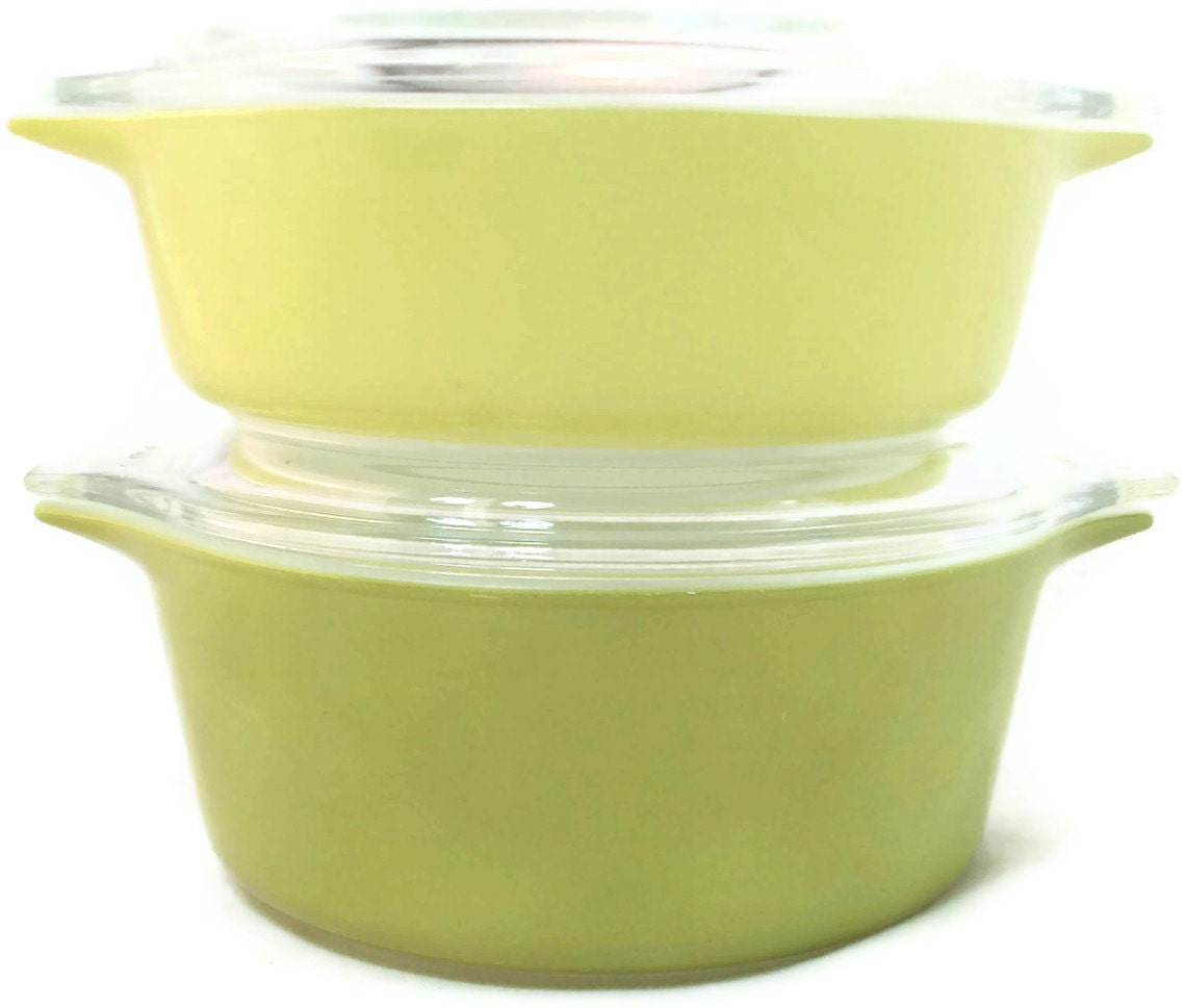 SALE 20% OFF Vintage Pair of Pyrex Covered Ovenware in Shades of Chartreuse