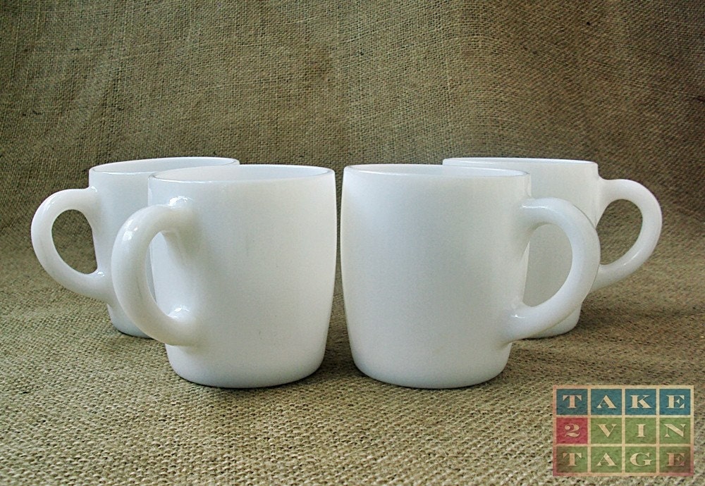 Set of Four Vintage White Glass Coffee Mugs