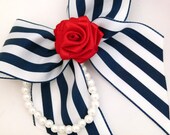 Nautical Rose Bow With Pearls Hair Clip / Brooch Clip Red Satin Navy White Stripe For Girls to Adults Pinup Burlesque by Seriously Sassy