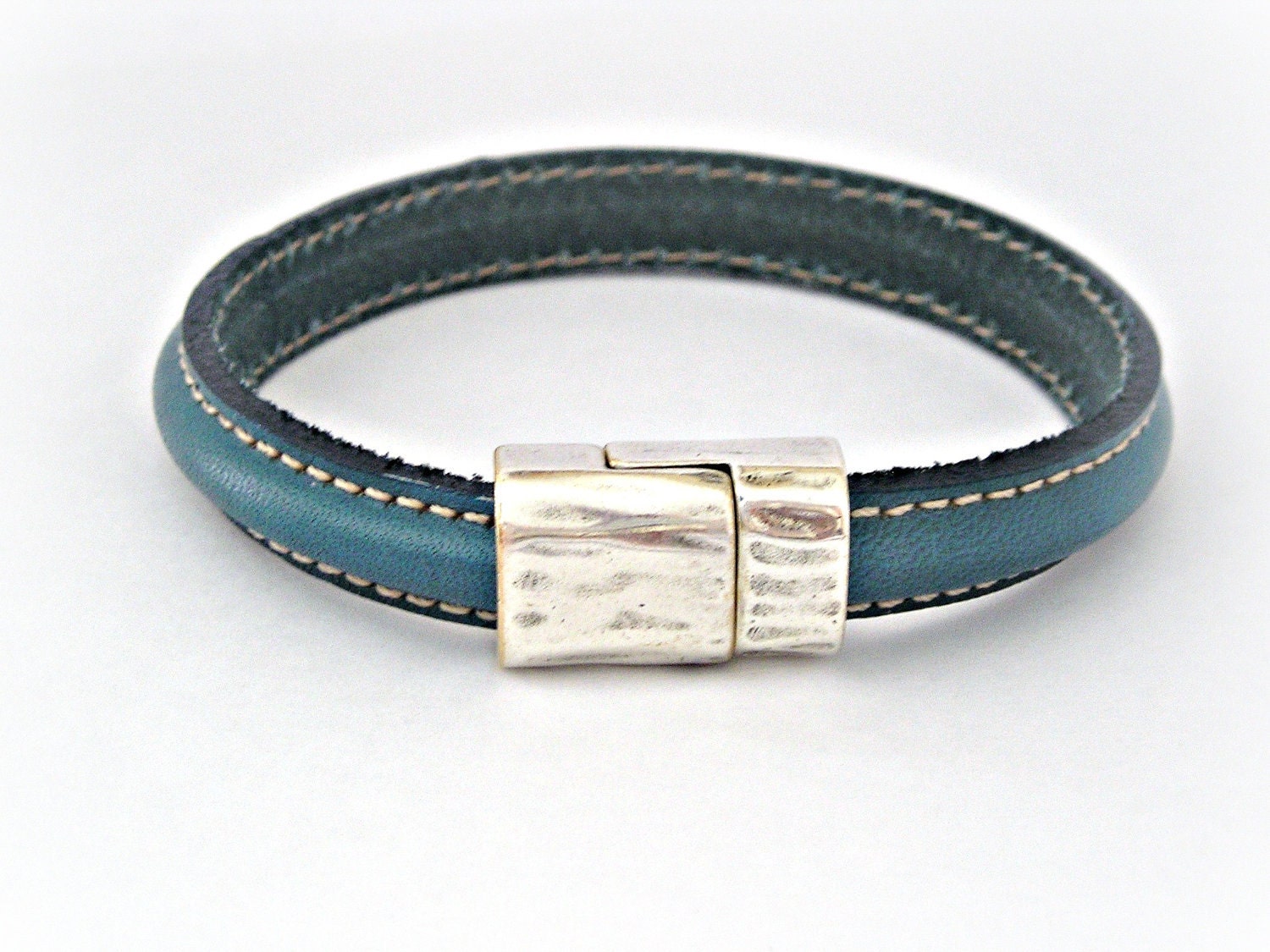 Denim blue semiround double sewed leather bracelet with zamak magnetic clasp