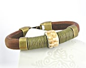 OOAK natural thick leather bracelet, golden thin leather and ceramic piece with zamak bronze color clasp