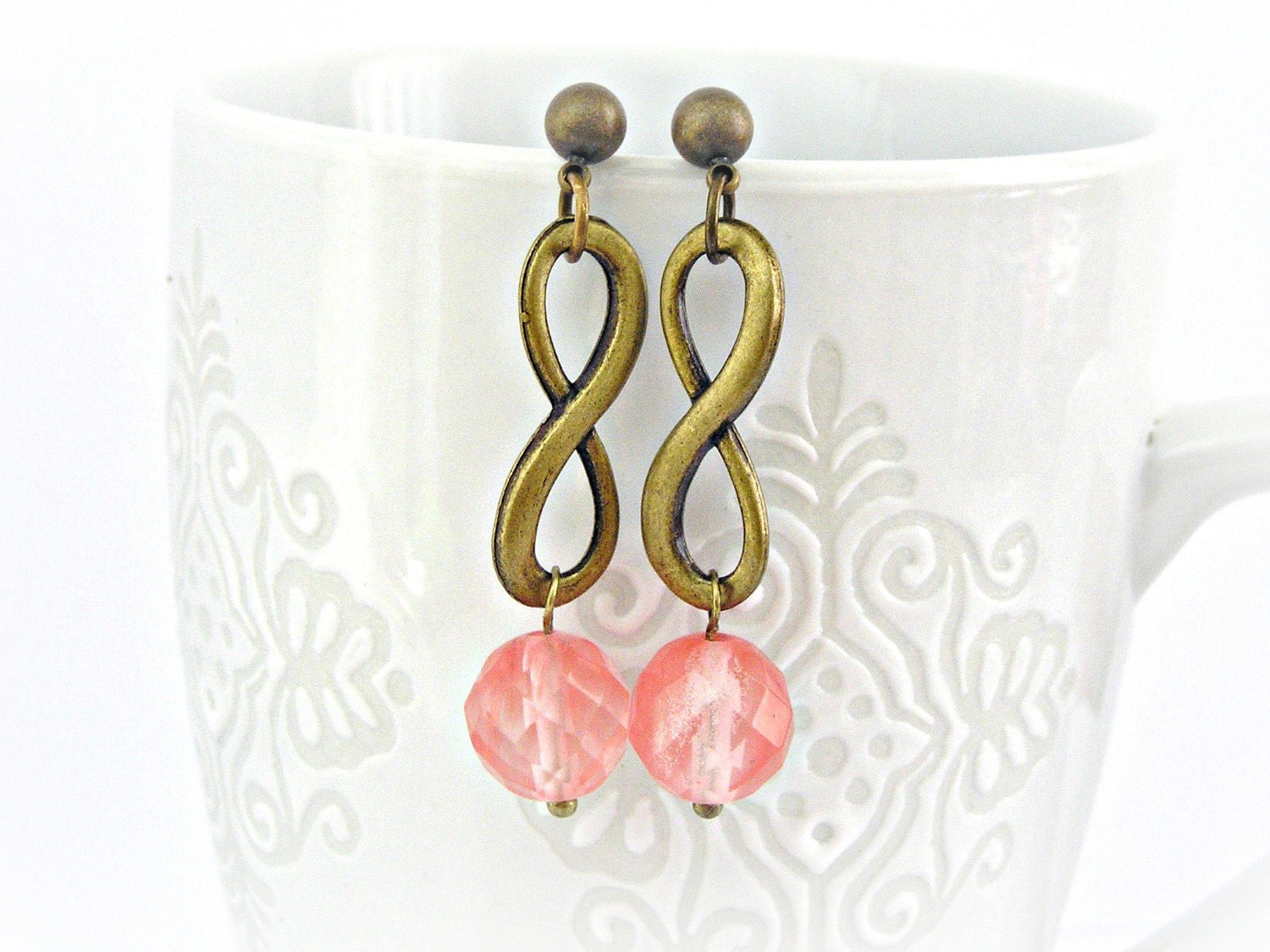 Infinity finding watermelon pink tourmaline gemstone beads brass earrings