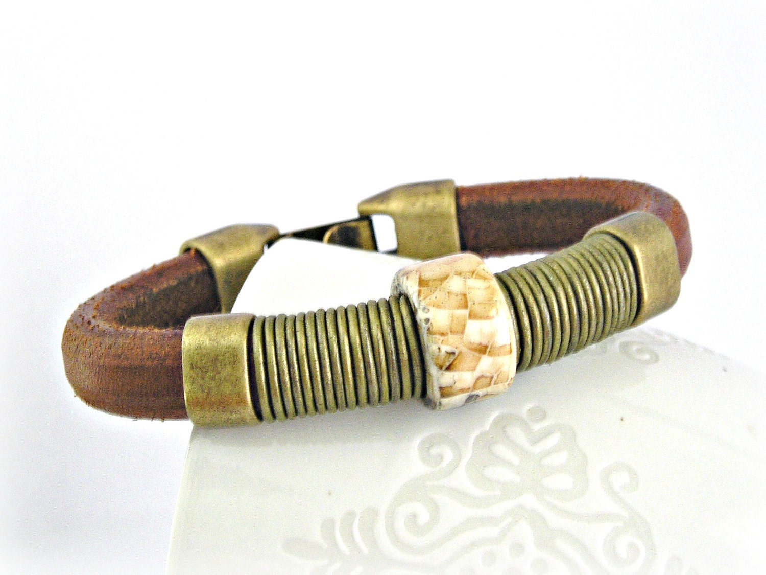 OOAK natural thick leather bracelet, golden thin leather and ceramic piece with zamak bronze color clasp