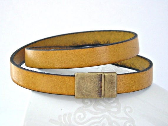 Solar power yellow color leather bracelet double wrapped with magnetic clasp brass color