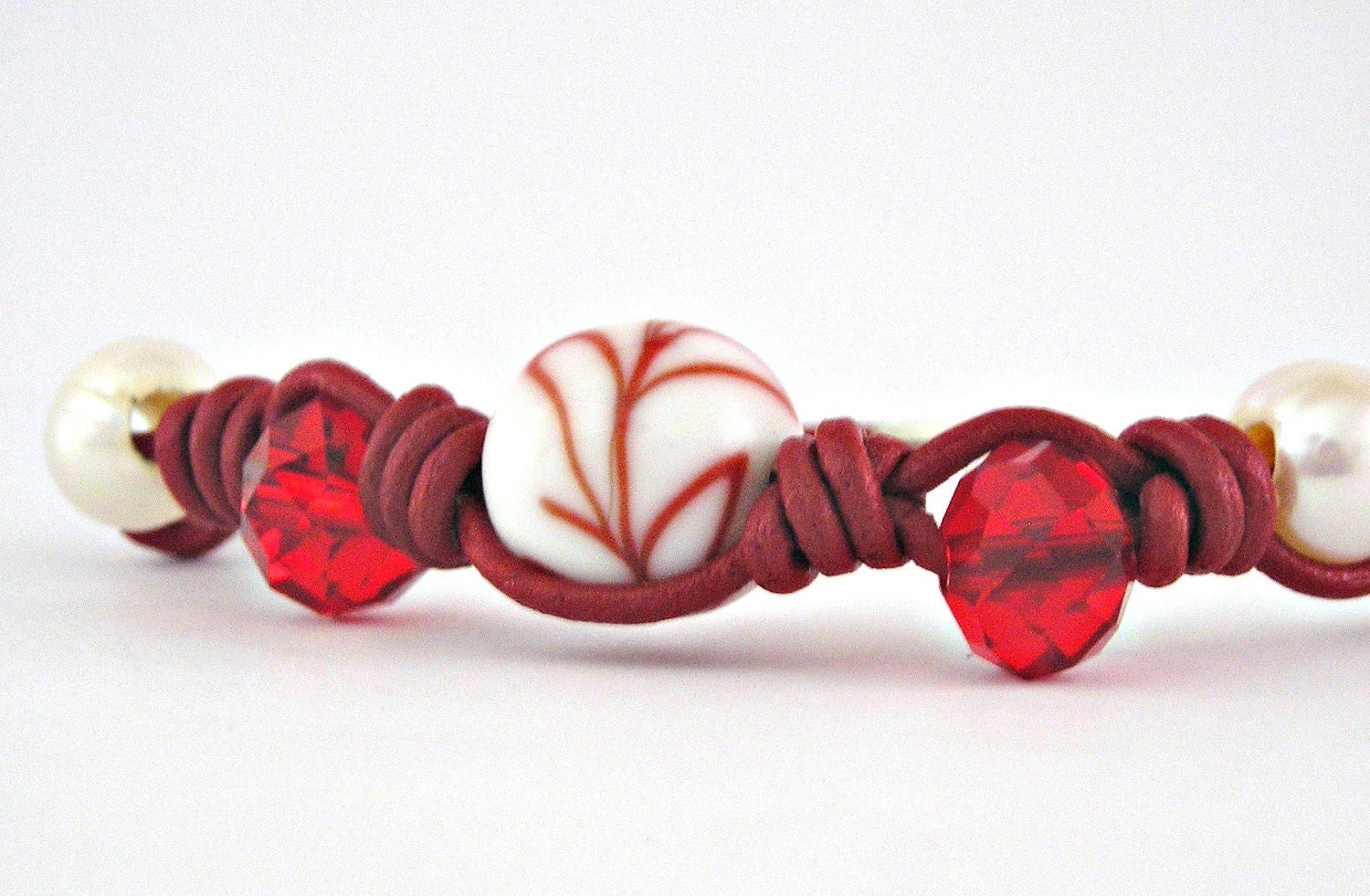 Red leather, glass rondelles, pearls and ceramic beads sterling silver clasp bracelet