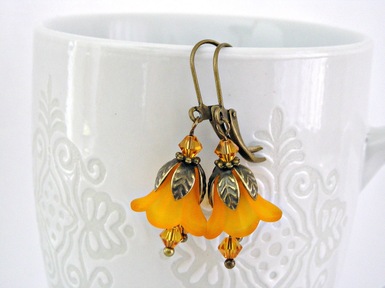 Orange bell flowers brass vintage style earrings