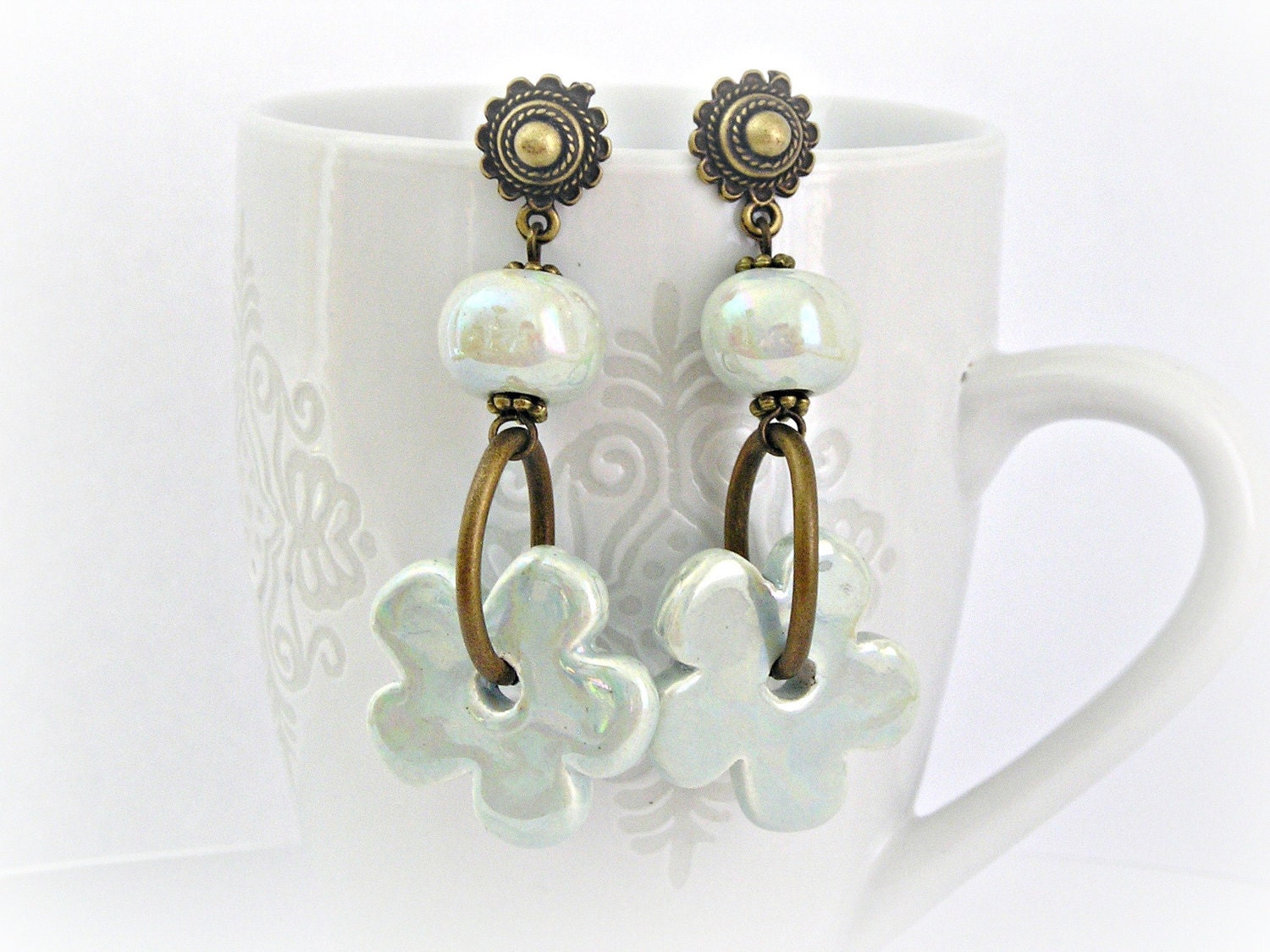 Very pale watercolor mint green ceramic flower and bead brass vintage style earrings