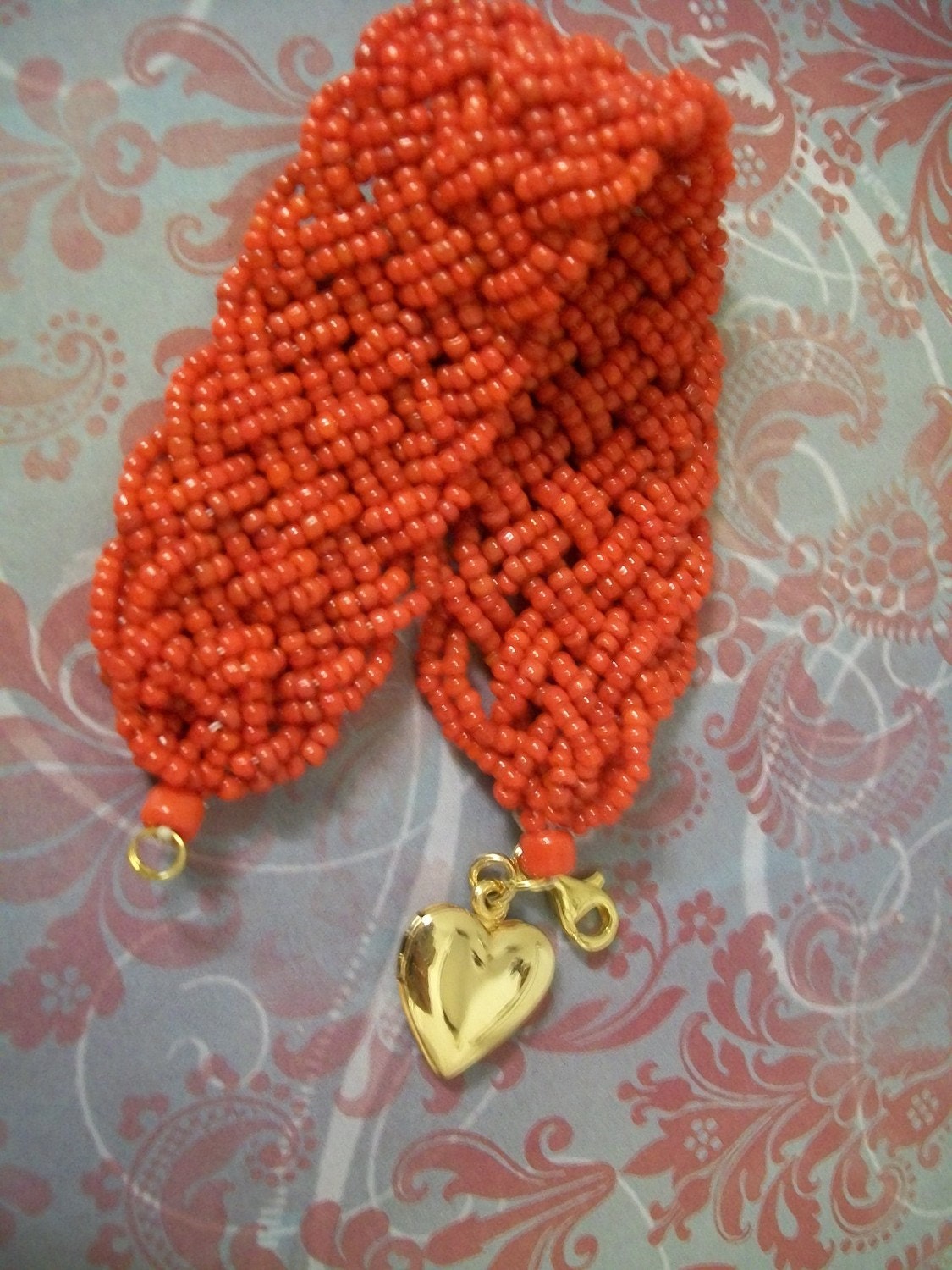 Woven Red Seed Bead Bracelet with Gold Heart Locket Charm