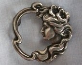 Sterling GODDESS in the MOON Circle Pin Repousse Victorian