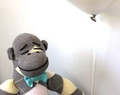 Sock Monkey Plush - Handmade stuffed toy, Children's Toy, Stuffed Animal, Gray, Yellow, White