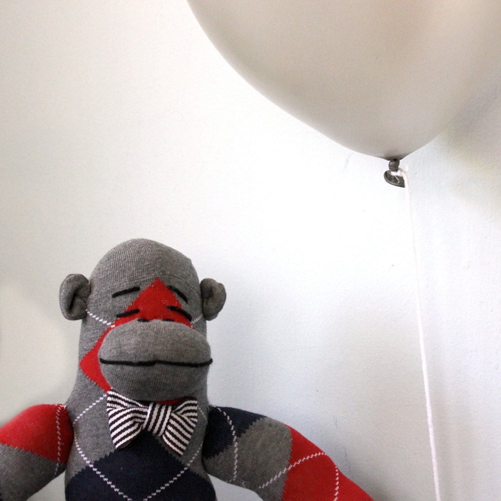 Sock Monkey , Argyle, Plush - Handmade, Children's Toy, Stuffed Animal, Gray, Red, Navy Blue - heidibg